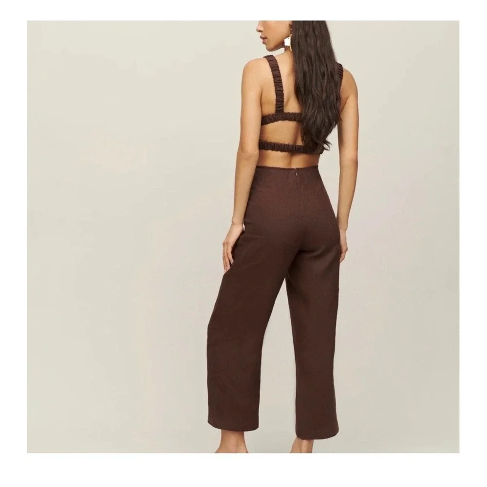 Reformation Brown Linen Square Neck Wide Leg Jumpsuit Size 4‎